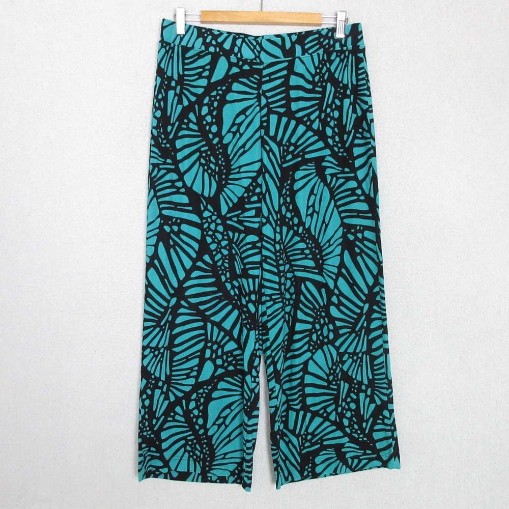Chicos Womens Teal Black Butterfly Wing Print Wide Leg Crop Pants Size 2 (US L)